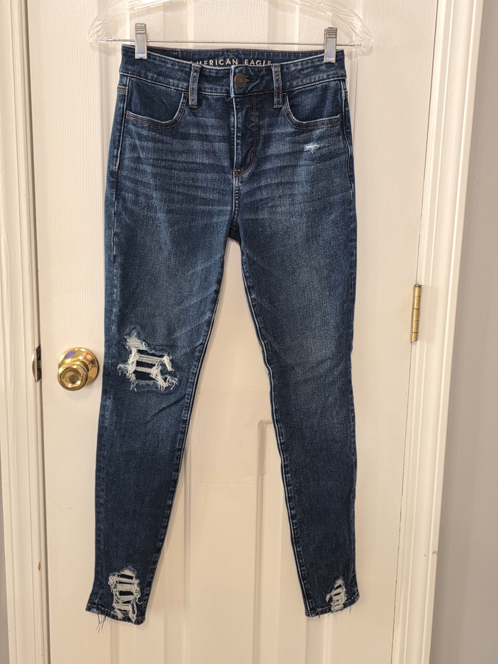 American Eagle Outfitters Dark Blue Distressed Skinny Jegging Jeans 2 Regular